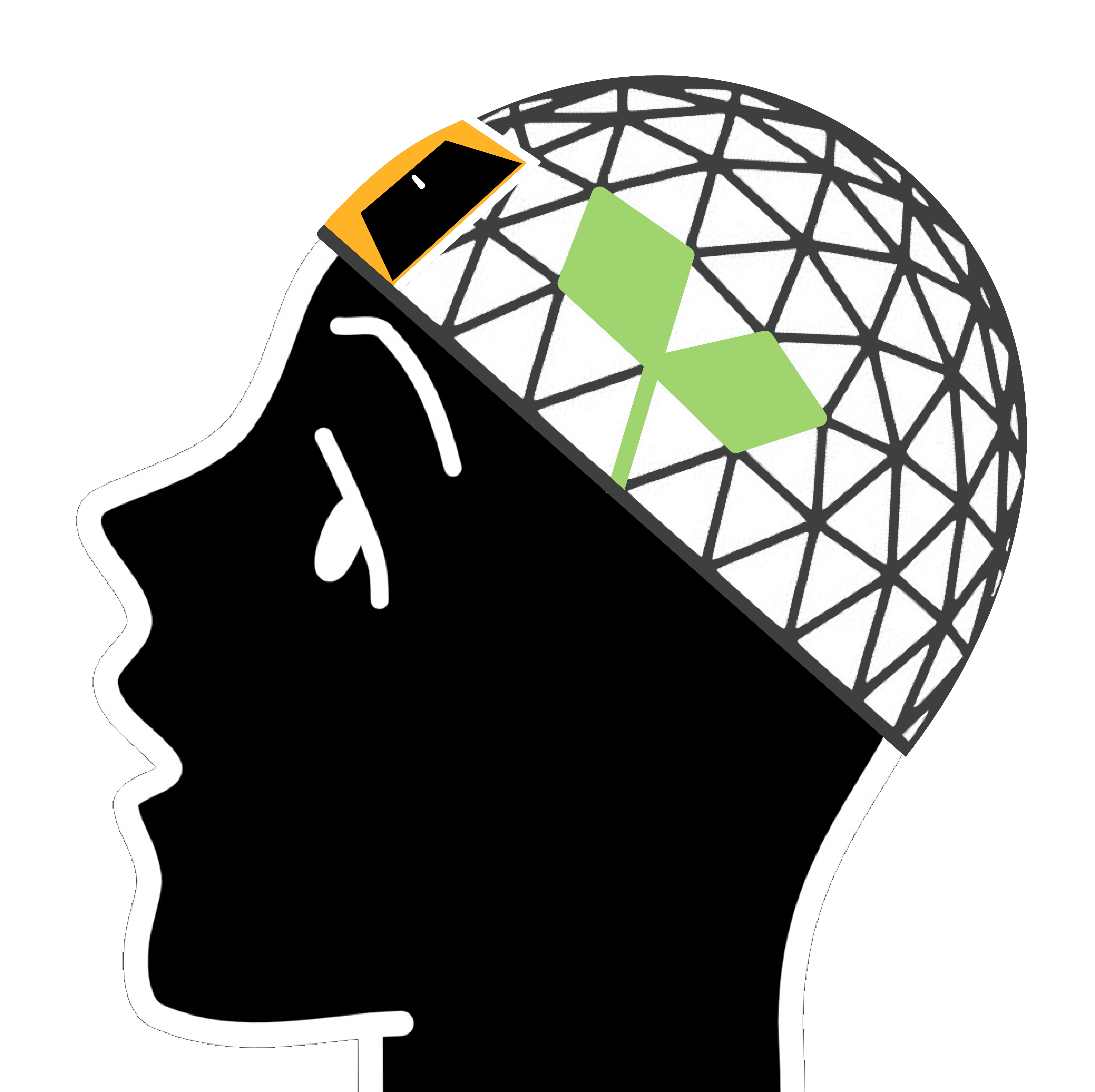 Person with cap that looks like a dome greenhouse with a plant growing made of triangles.